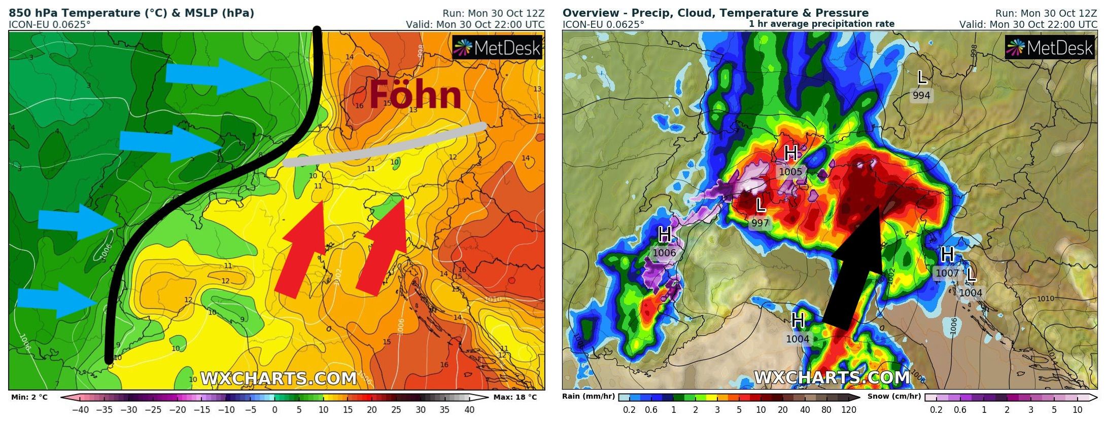 Cold front from the west, südstau and remnants of föhn in Austria tonight (wxcharts.com)